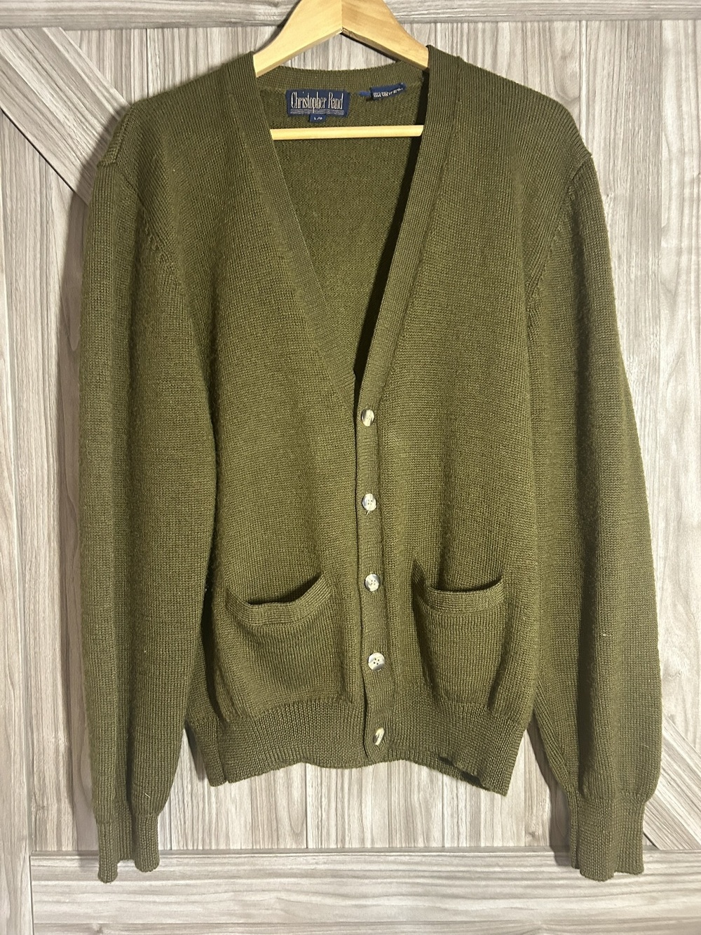 Vintage Christopher Rand 100% Wool Cardigan Sweater Olive Green Med/Large